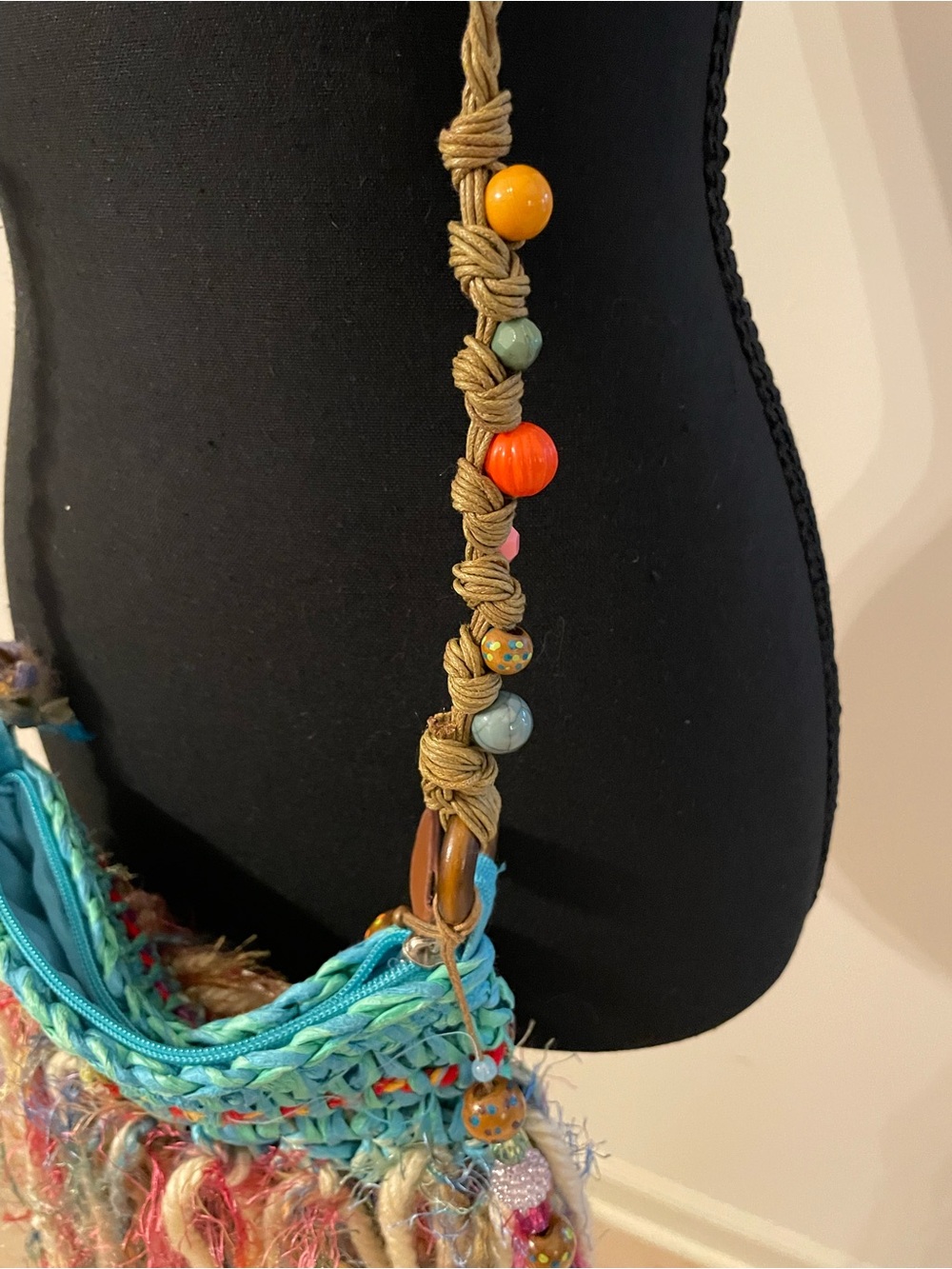 Rare Boho Multicolor Fringe Crossbody Bag - Turquoise Zipper Top Beaded Sides - Picture 2 of 6